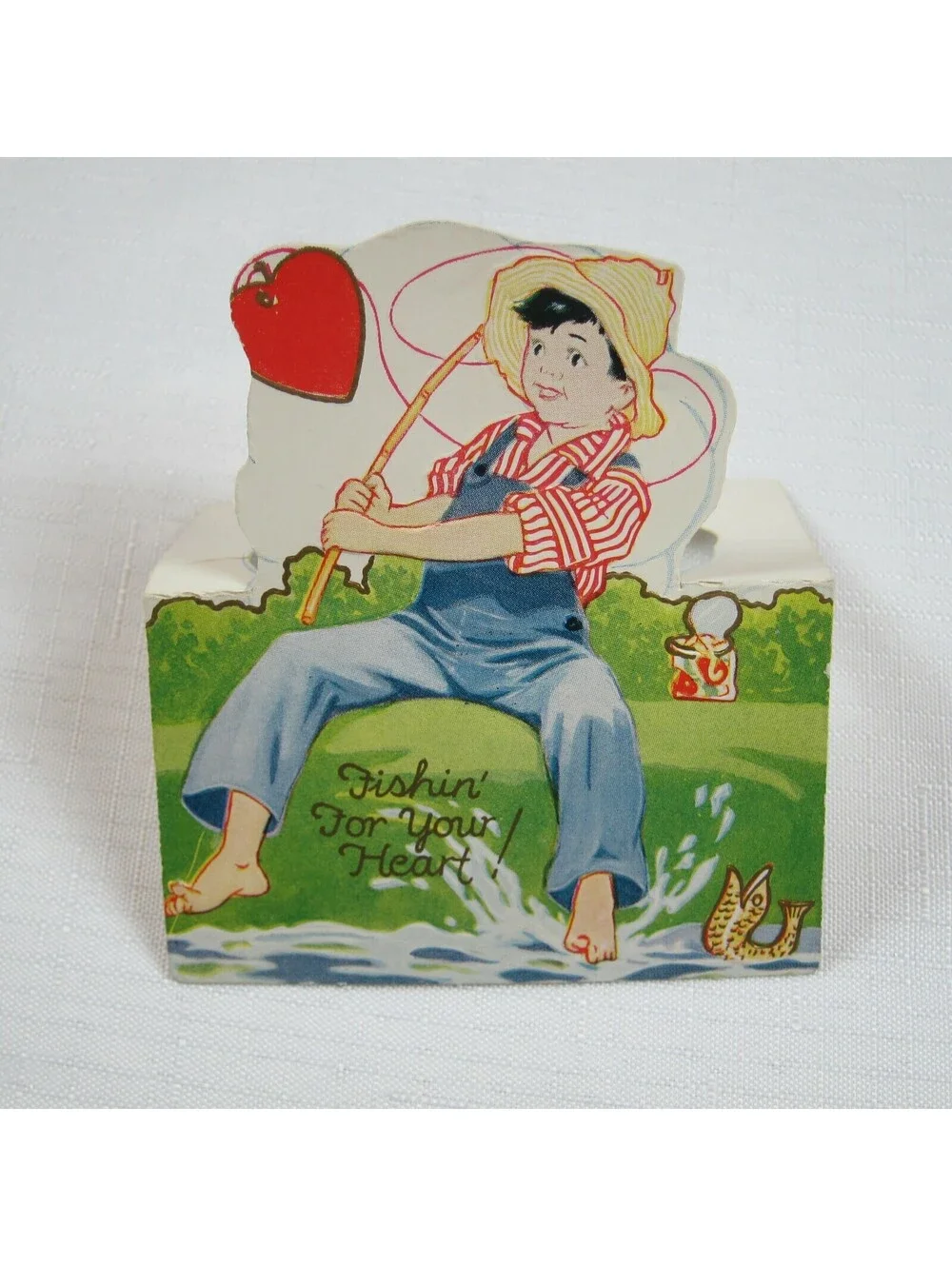Vintage Valentine 1929 Stand Up Boy Fishing For Heart American Colortype Co USA
